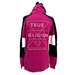 True Religion Womens Pink Black Colorblock Sweatshirt Cotton M Front Logo Bling